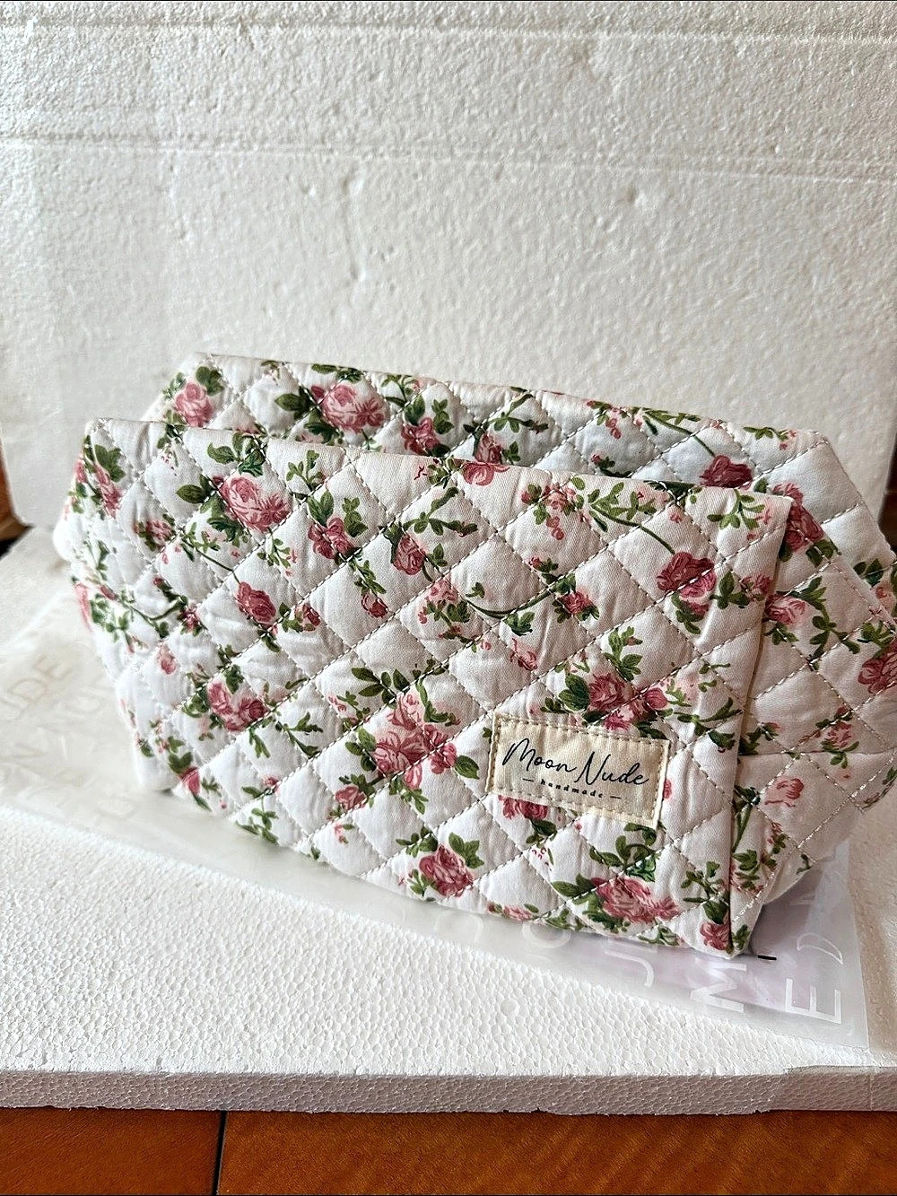 Moon Nude Large Makeup Bag Quilted Floral Pink & White NWT